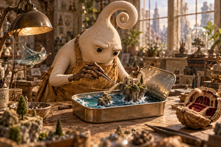 The Slopwright at his bench, building a seaside town inside a sardine tin under a warm lamp